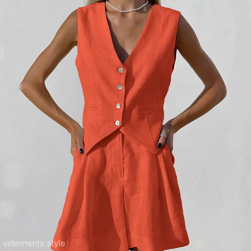 Orange vest and shorts set paired with a Dark Green Faux Linen Button-Down top