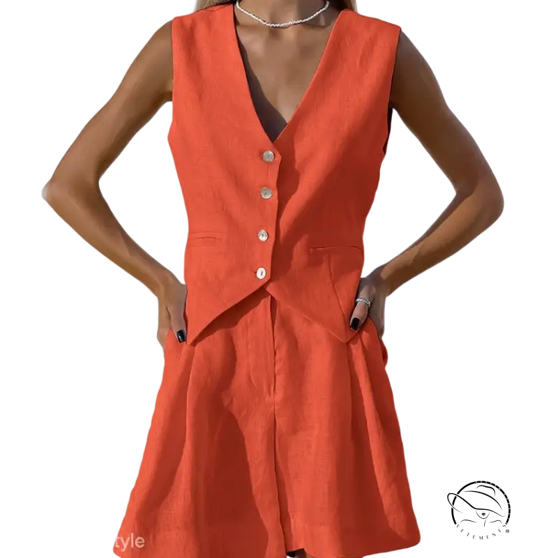 Beautiful light pink linen suit with orange vest and shorts set