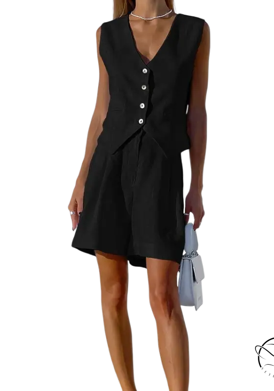 Black vest and shorts set in dark green faux linen suit