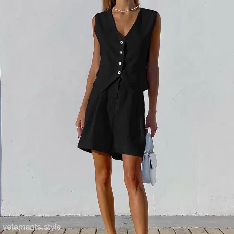 Dark Green Faux Linen Button-Down Summer Top styled with a Black Vest and Shorts Set