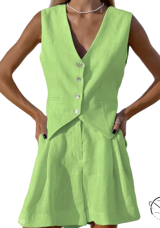 Lime green vest and shorts set in faux linen for casual wear