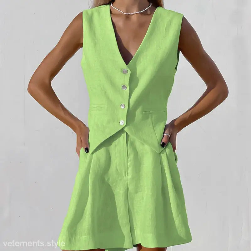 Lime green vest and shorts set paired with a Dark Green Faux Linen Button-Down Top