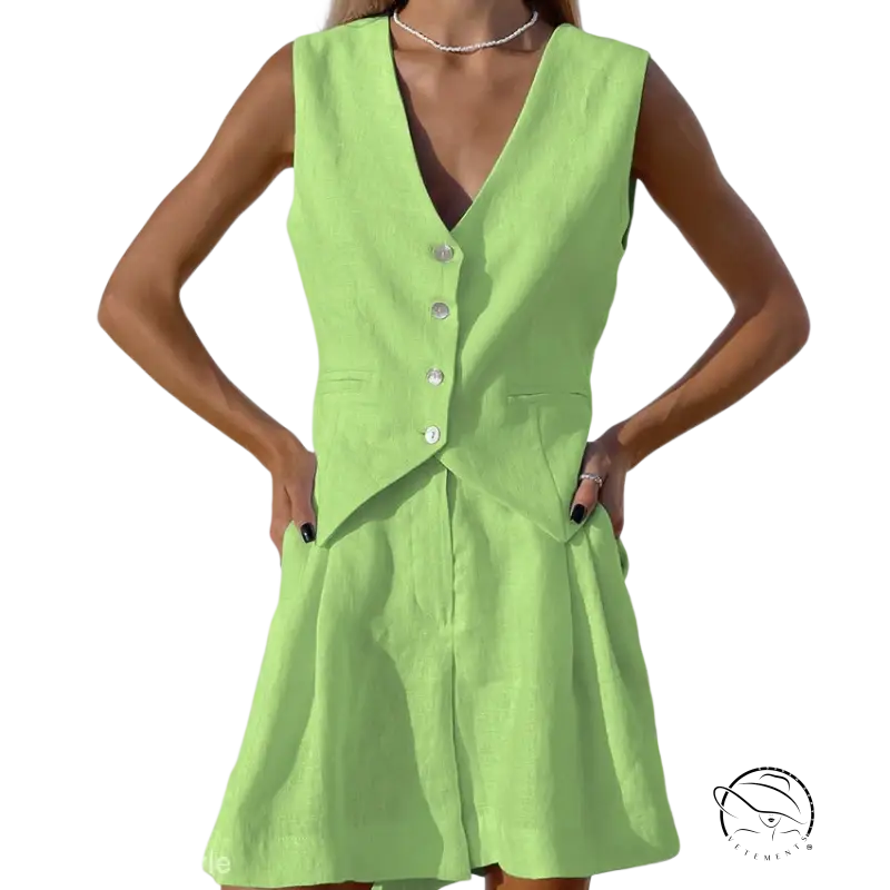 Lime green vest and shorts set in faux linen for casual wear