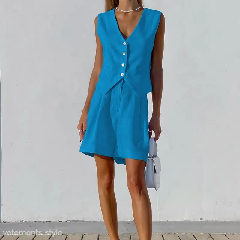 Blue vest and shorts set styled with Dark Green Faux Linen summer top for casual office wear