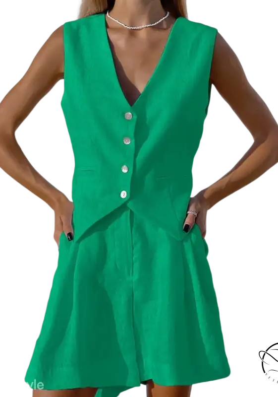 Dark green faux linen sleeveless button-down vest and shorts set