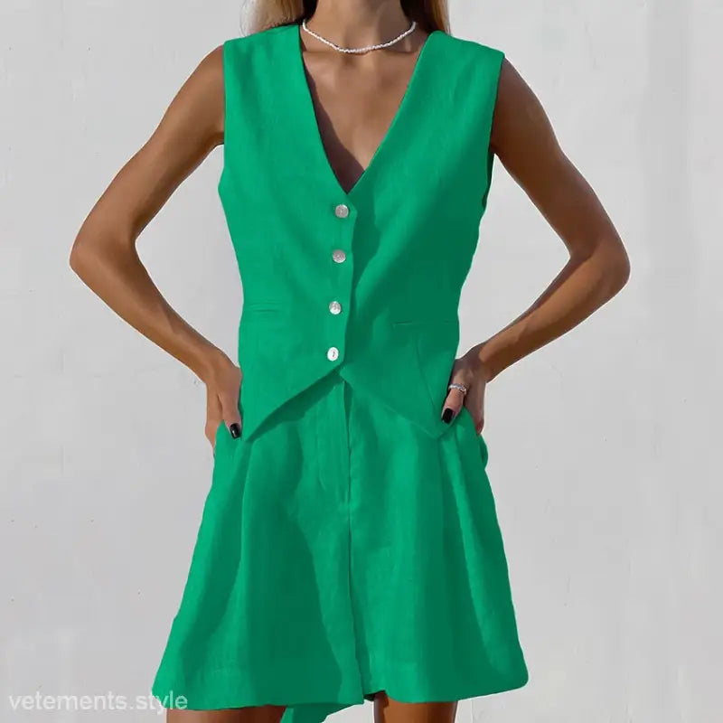 Dark Green sleeveless button-down vest and shorts set for casual office wear