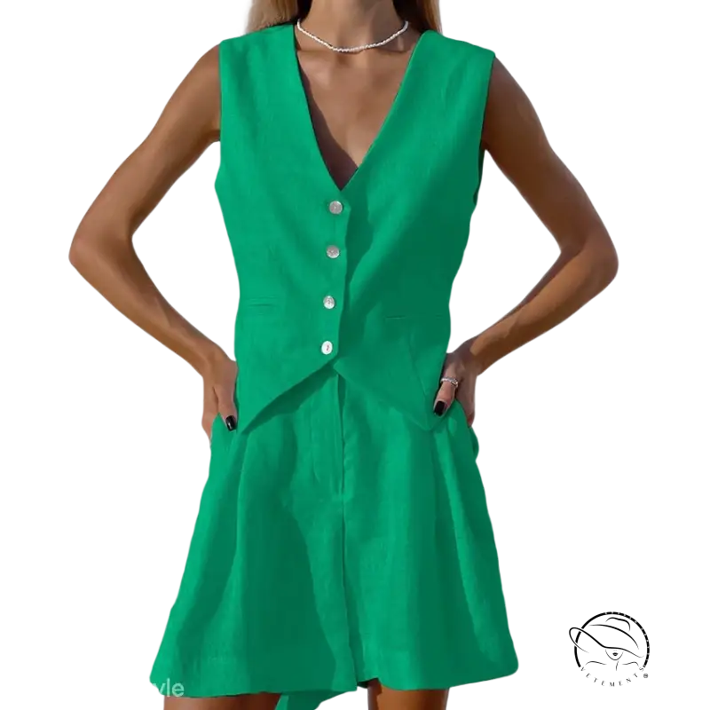 Dark green faux linen sleeveless button-down vest and shorts set