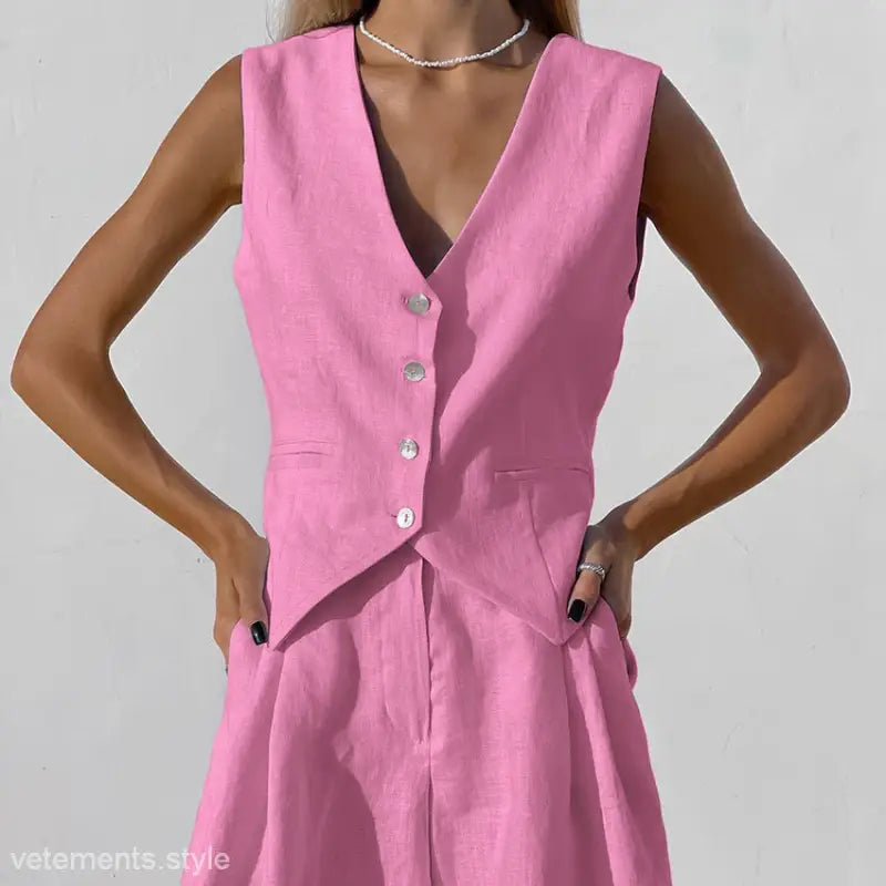 Light pink linen suit featuring a vest and shorts set for casual summer office wear