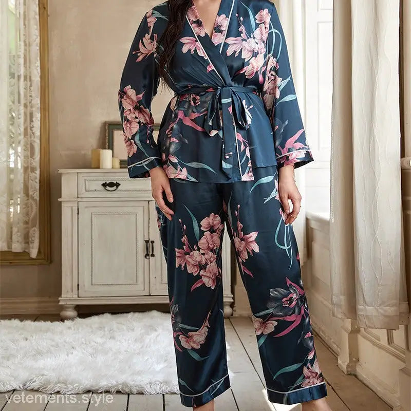 Dark green flower casual loose homewear pajama pants set