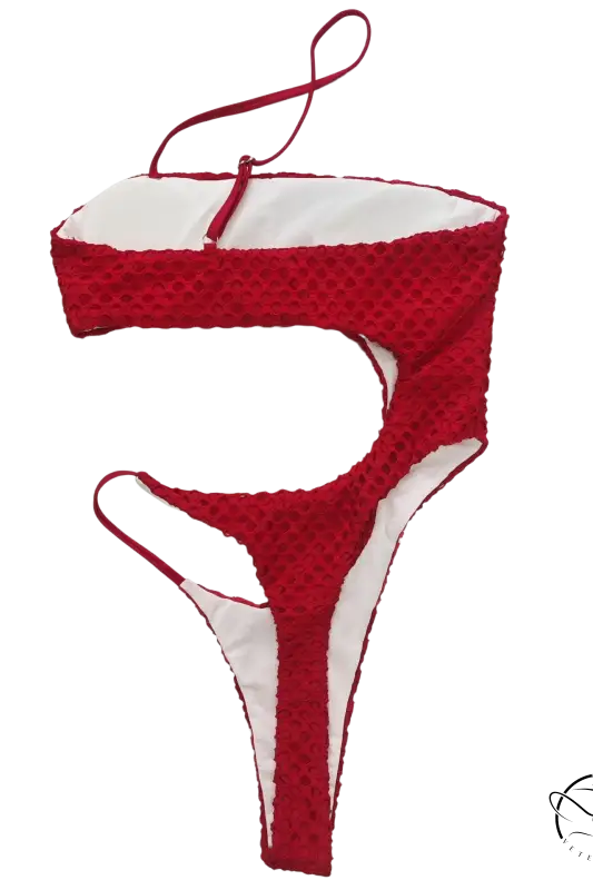 Red and white diamond shaped swimwear crochet bikini set with cut-out design