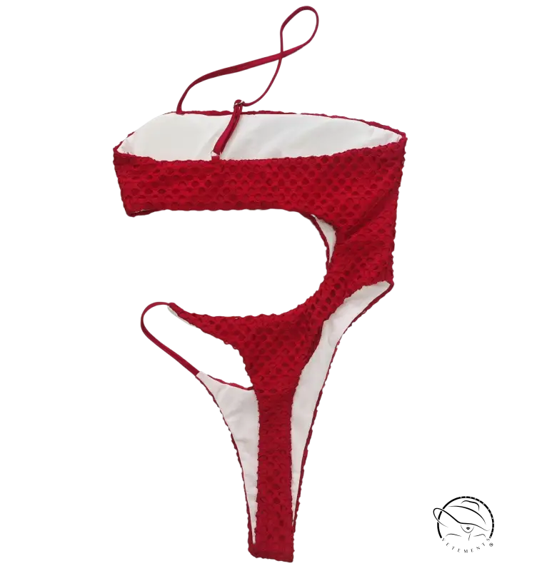 Red and white diamond shaped swimwear crochet bikini set with cut-out design