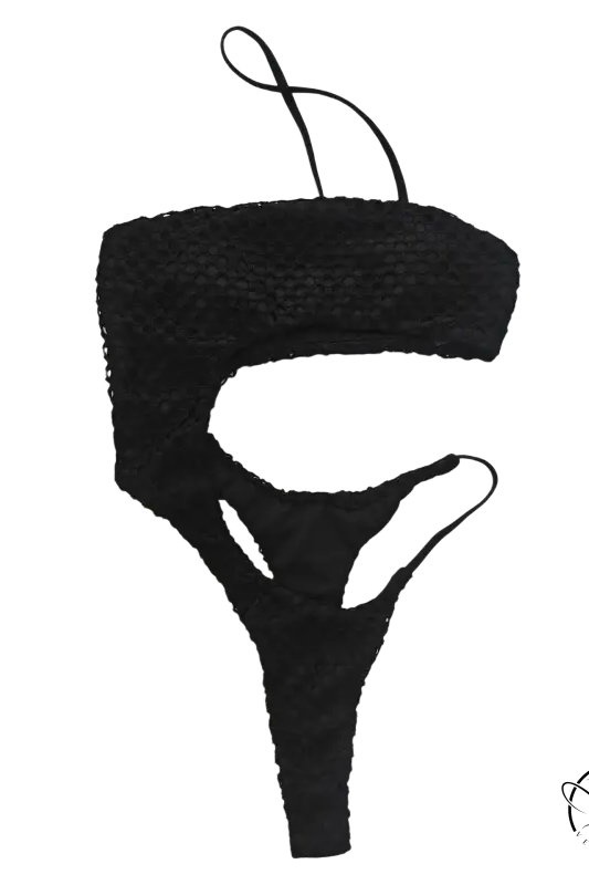 Black crochet diamond shaped swimwear top with cutout design