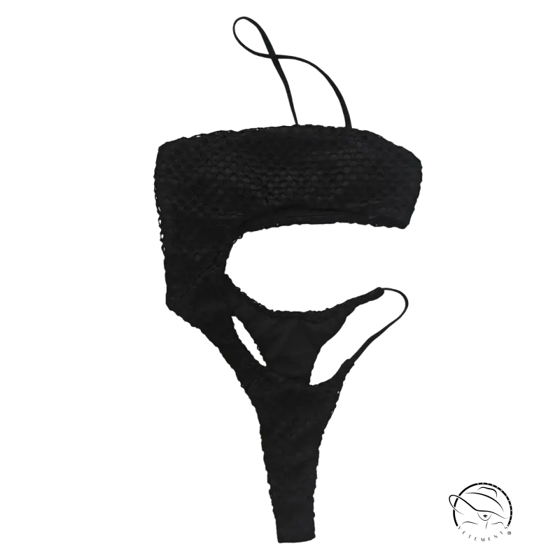 Black crochet diamond shaped swimwear top with cutout design