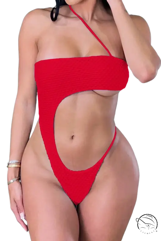 Vibrant red diamond shaped swimwear with boho asymmetric cutout design