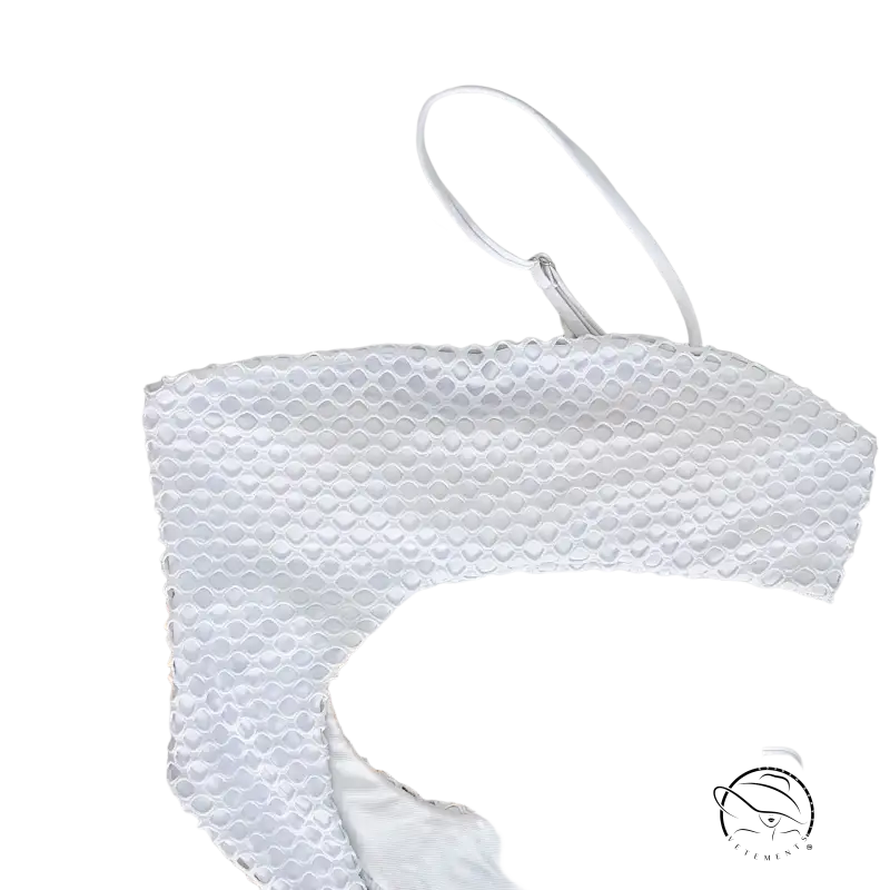 White diamond shaped swimwear bandeau top with mesh, adjustable straps, cutout