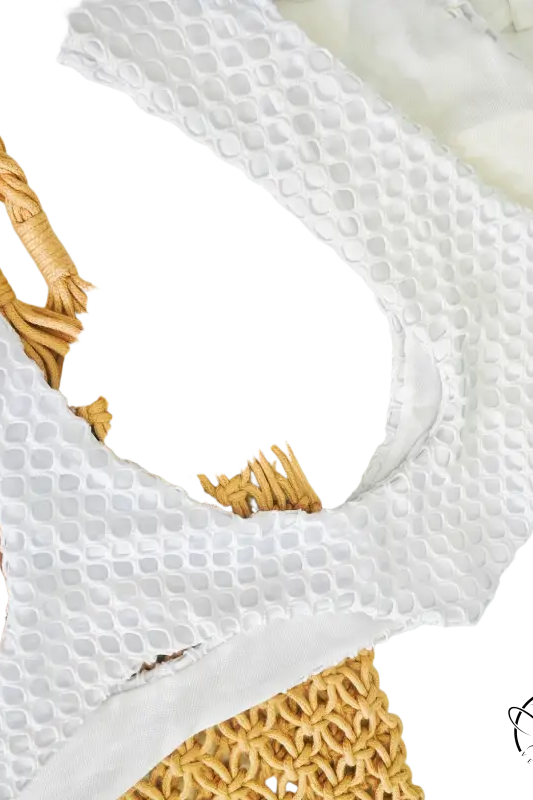 White macrame bra with tan straps in diamond shaped swimwear top