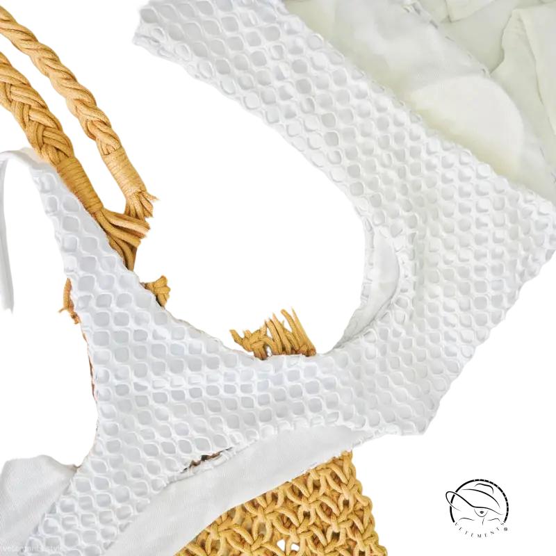 White macrame bra with tan straps in diamond shaped swimwear top