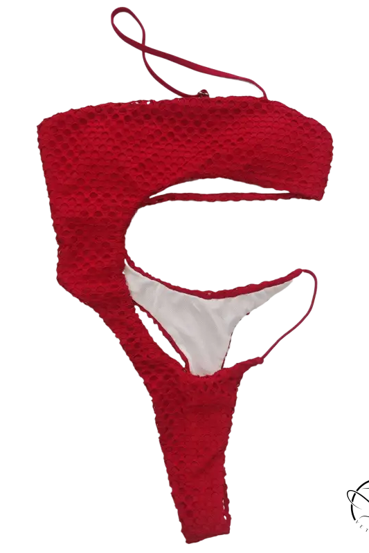Red diamond shaped swimwear crochet bikini top with cutout design