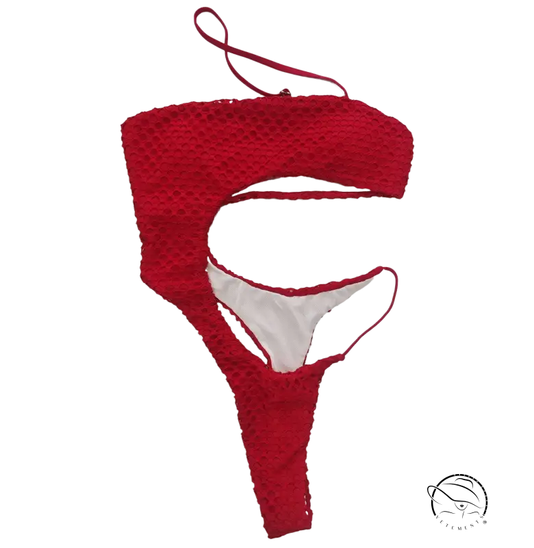 Red diamond shaped swimwear crochet bikini top with cutout design