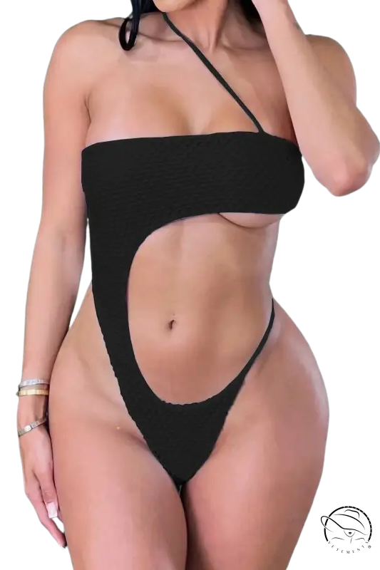 Black diamond shaped swimwear with boho asymmetric cutout in one-piece design