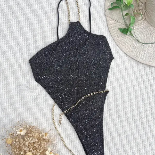 Diamond swimsuit with sparkly black fabric and chain straps, perfect for summer, free shipping available