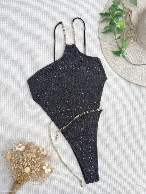 Diamond swimsuit with sparkly black fabric and chain straps, perfect for summer, free shipping available