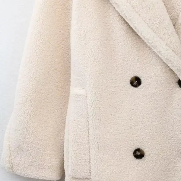 Cream-colored double breasted casual fleece overcoat jacket for Fall Winter fashion