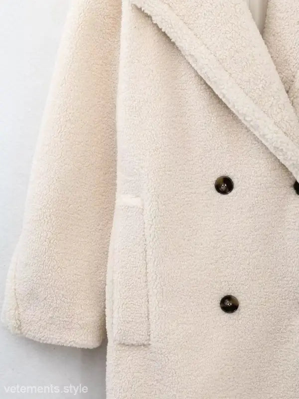 Cream-colored double breasted casual fleece overcoat jacket for Fall Winter fashion
