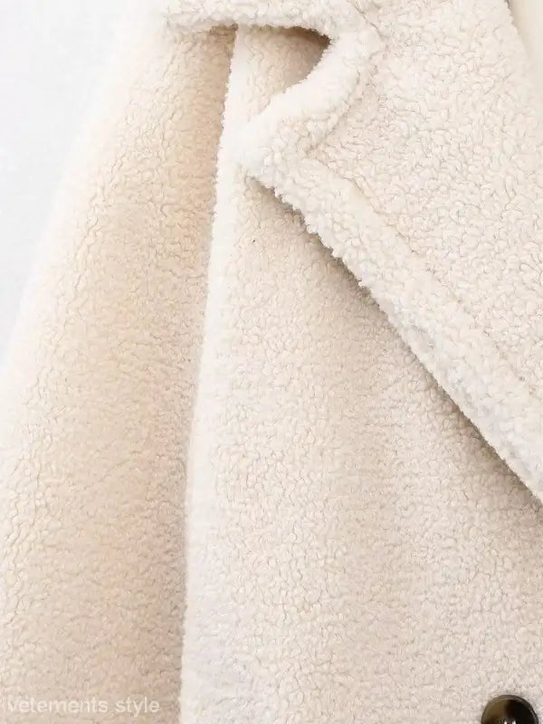 Creamy sherpa-textured Double Breasted Casual Fleece Overcoat Jacket for Fall/Winter