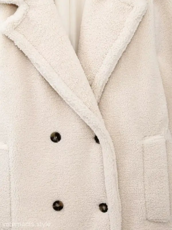 Cream-colored double-breasted fleece overcoat jacket for fall and winter fashion