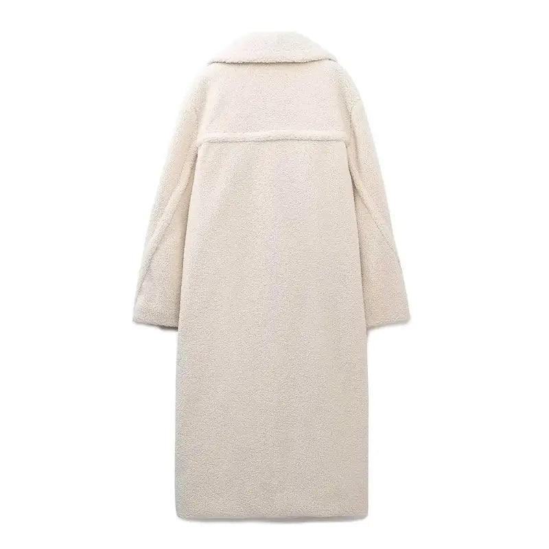 Cream-colored long faux-fur coat for fall/winter double breasted casual fleece overcoat jacket