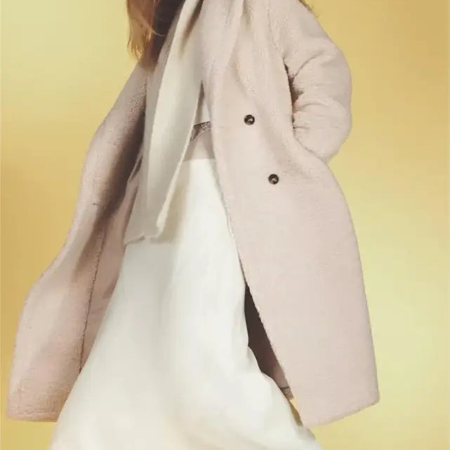 Beige double-breasted fleece overcoat jacket for casual fall and winter wear