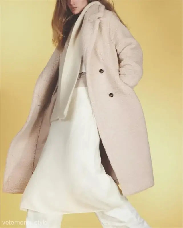 Beige double-breasted fleece overcoat jacket for casual fall and winter wear