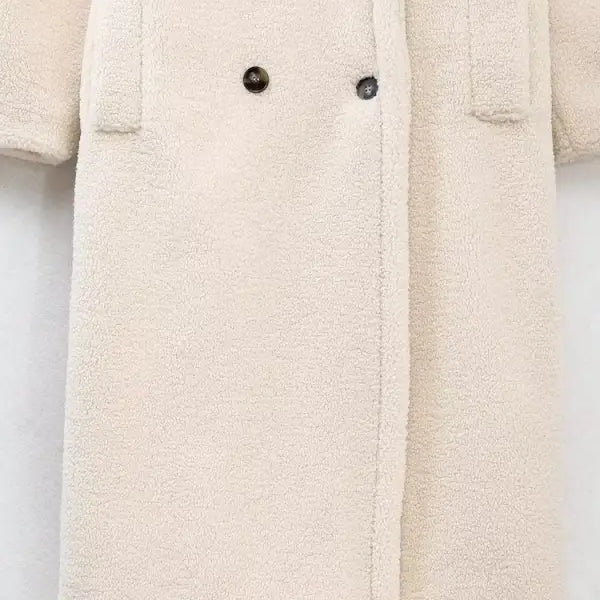 Cream-colored faux fur coat showcased as a Double Breasted Casual Fleece Overcoat Jacket