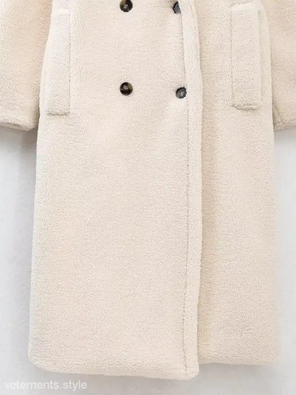 Cream-colored faux fur coat showcased as a Double Breasted Casual Fleece Overcoat Jacket