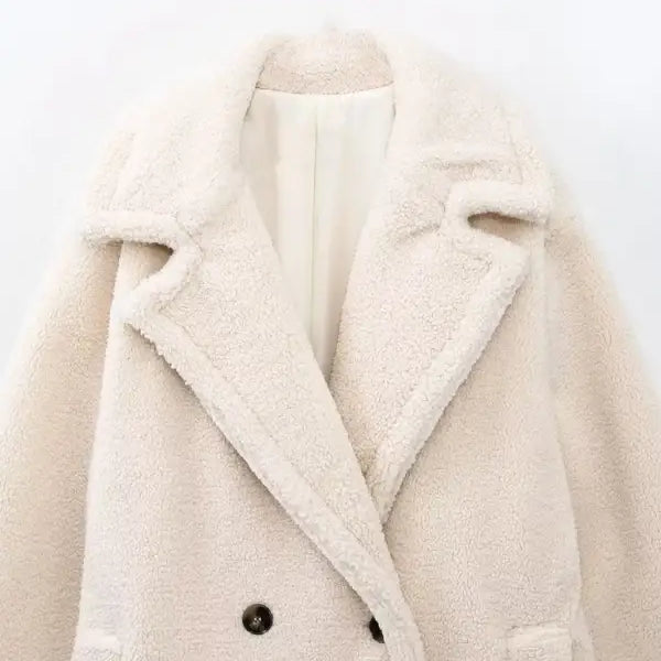 Cream-colored double breasted fleece overcoat jacket for fall and winter fashion