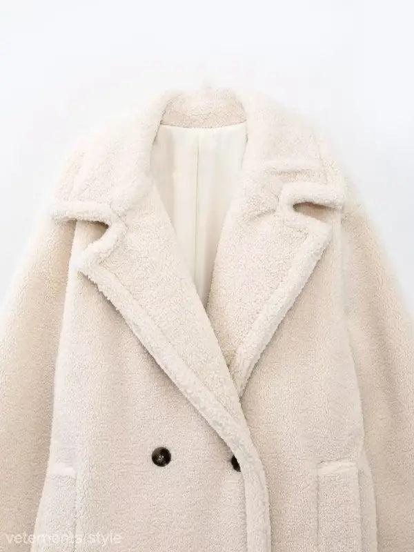 Cream-colored double breasted fleece overcoat jacket for fall and winter fashion