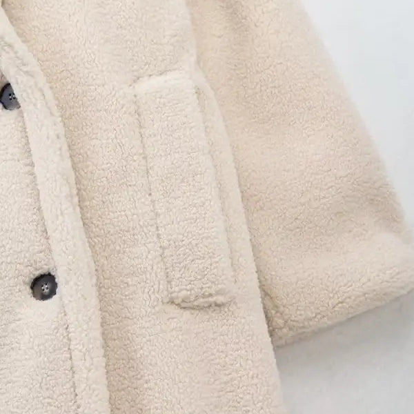 Cream-colored double breasted casual fleece overcoat jacket for Fall/Winter collection