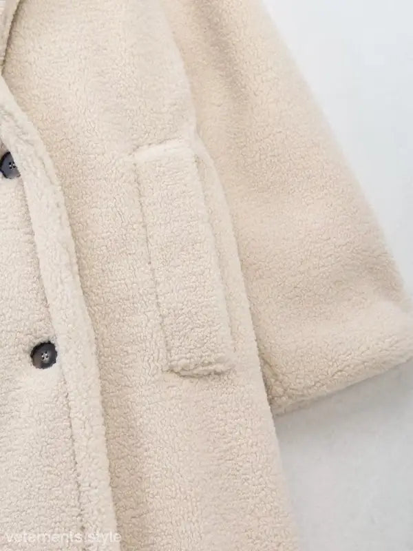 Cream-colored double breasted casual fleece overcoat jacket for Fall/Winter collection