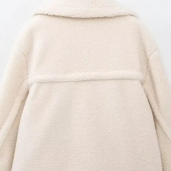 Cream-colored double breasted casual fleece overcoat jacket for Fall/Winter