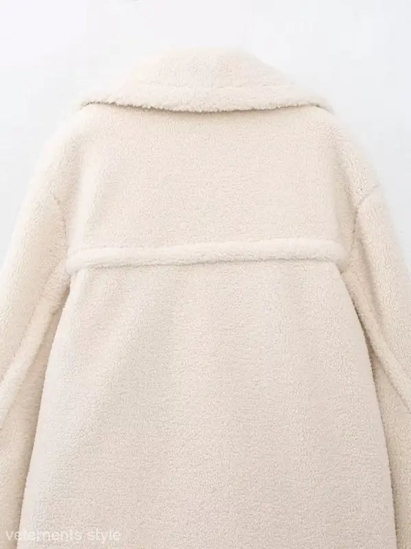 Cream-colored double breasted casual fleece overcoat jacket for Fall/Winter