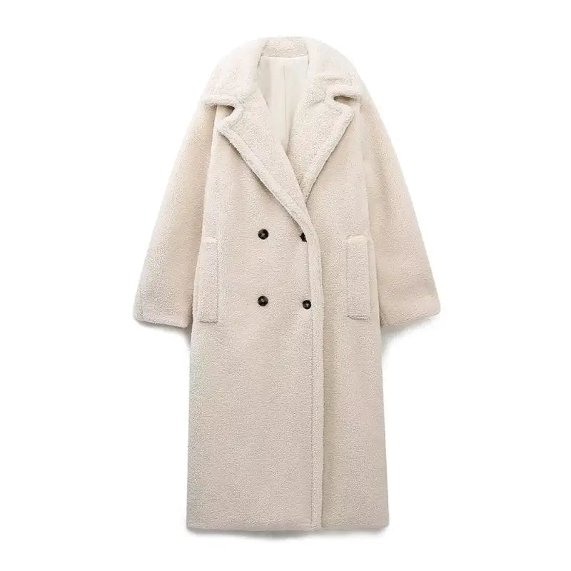 Cream-colored double breasted fleece overcoat jacket for casual fall and winter wear