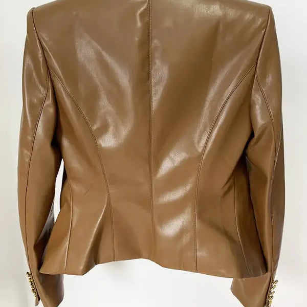 Brown leather blazer showcasing a double breasted slim fit collarless leather jacket for spring fall