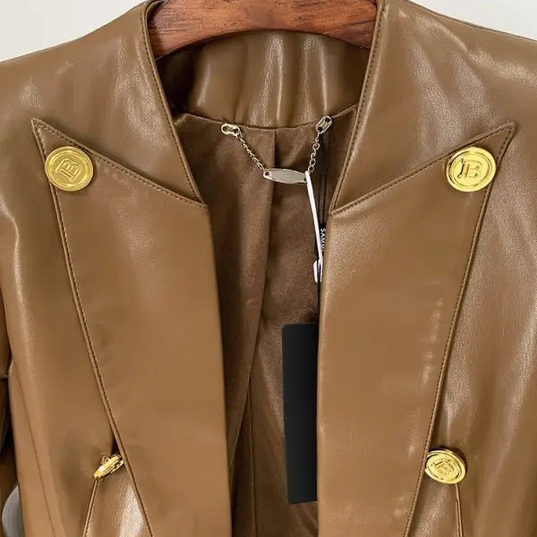 Brown leather blazer with gold buttons, double breasted slim fit collarless leather jacket for spring fall