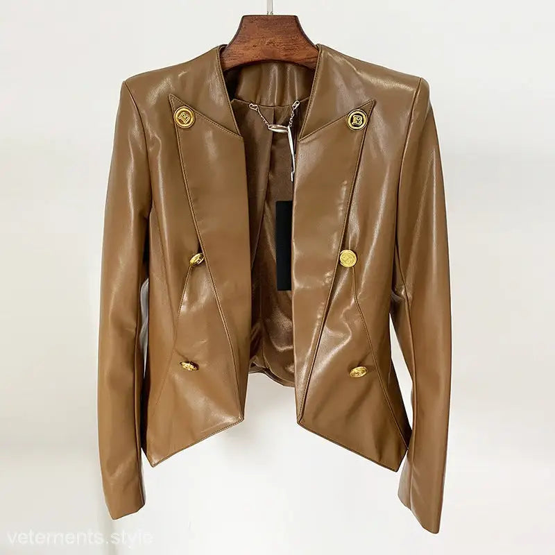 Brown leather double-breasted slim fit collarless jacket for Spring Fall seasons