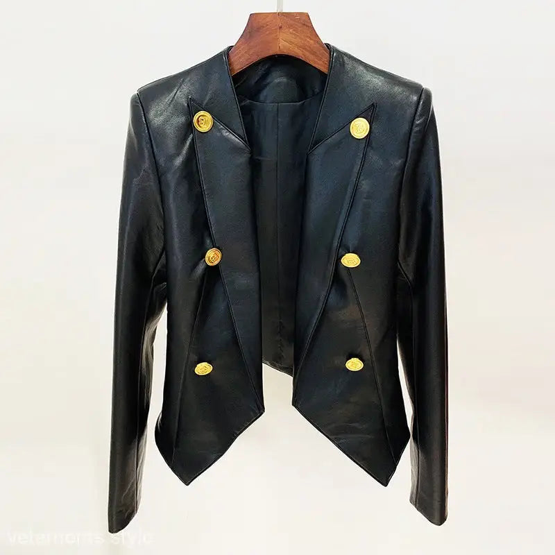 Black leather blazer with gold buttons, stylish double breasted slim fit collarless leather jacket
