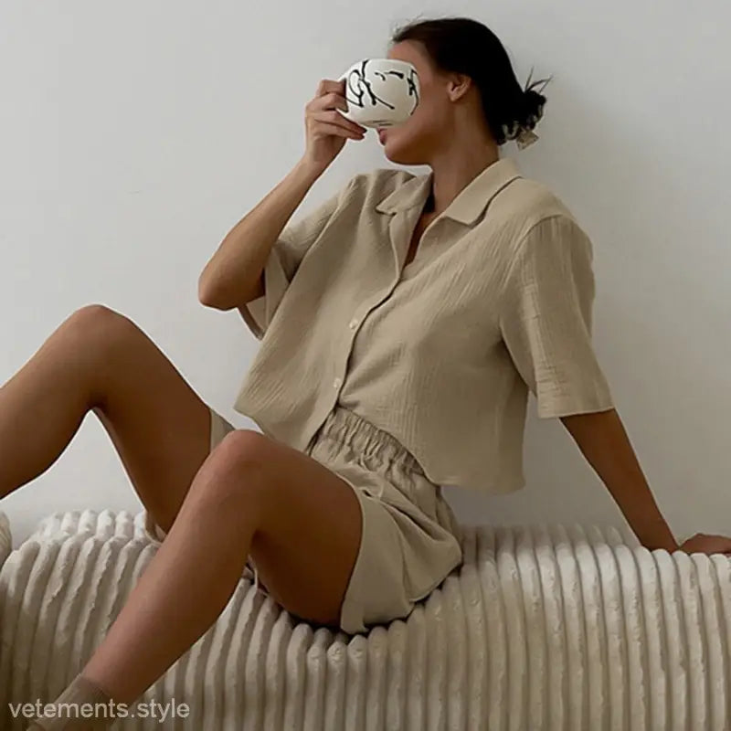 Beige short gauze pajamas for summer, double layer gauze pajamas, comfortable lounge set