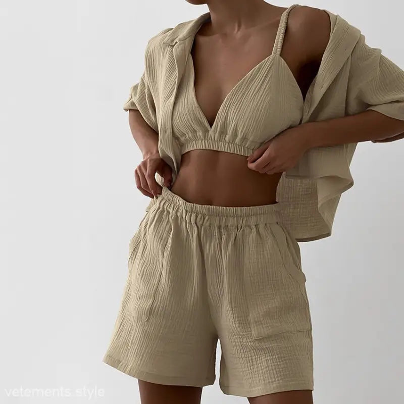 Beige textured three-piece layer gauze pajamas for summer lounging luxury