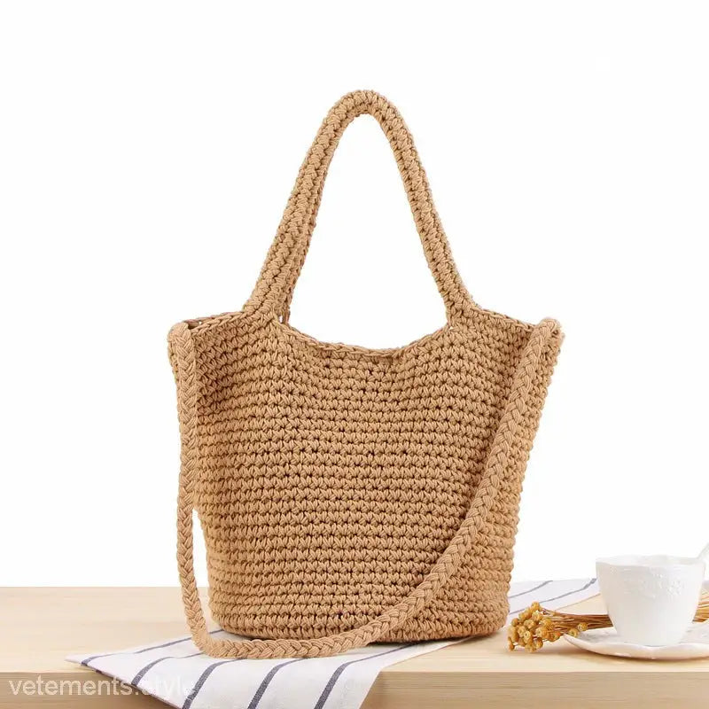 Woven brown tote bag featured in Durable Bohemian Shoulder Bag with care guidelines