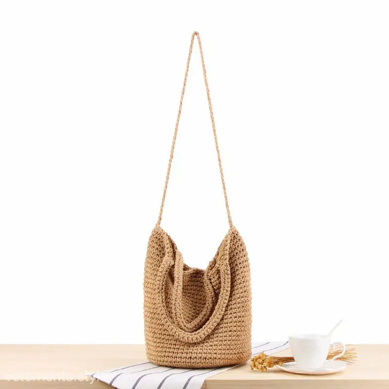 Woven tan bohemian shoulder bag featured in Durable Bohemian Shoulder Bag product